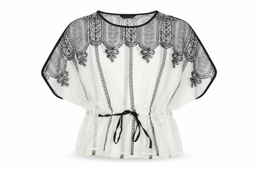 Front view of Savida women’s white geometric polyester basic blouse, size UK 8, round neck