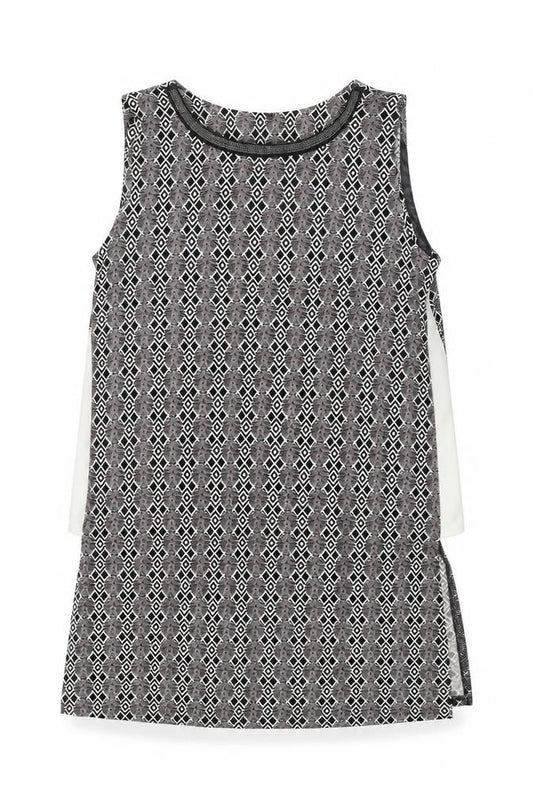 Front view of Next women’s multicoloured geometric cotton sheath, size UK 12, scoop neck