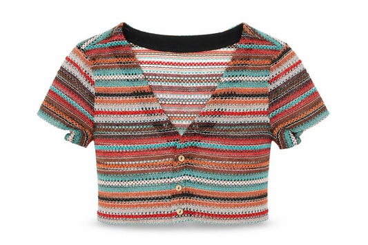 Front view of SHEIN women’s multicoloured v-neck striped polyester cardigan jumper, size S