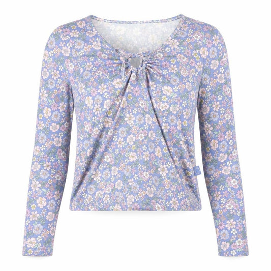 Front view of Primark women’s blue floral polyester basic blouse, size XS, v-neck