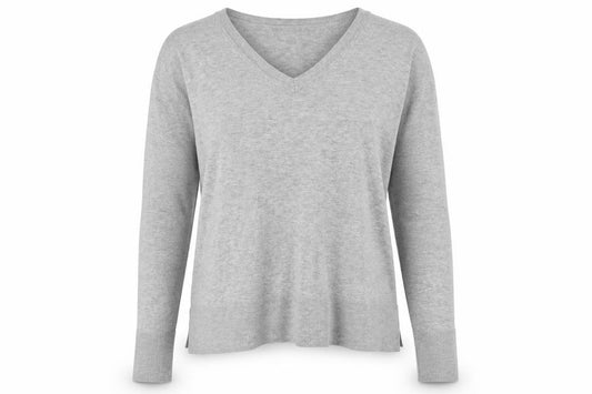 Front view of Primark women’s grey v-neck polyester jumper, size UK 14