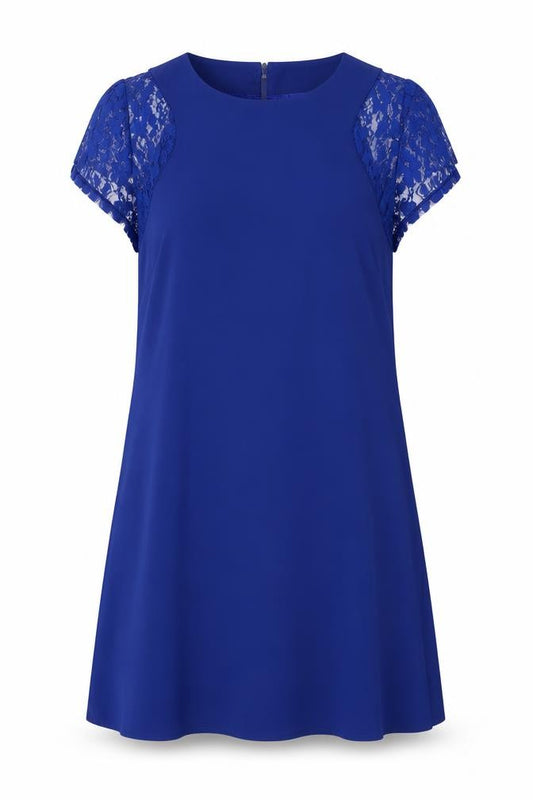 Front view of Wangmeiching women’s blue polyester sheath, size L, round neck button - lace sleeves