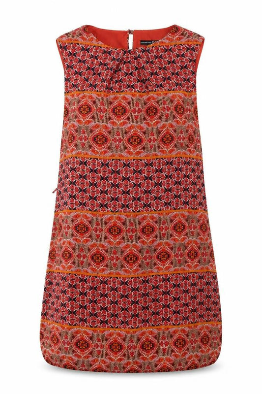 Front view of Atmosphere women’s orange geometric viscose sheath, size UK 14, round neck button