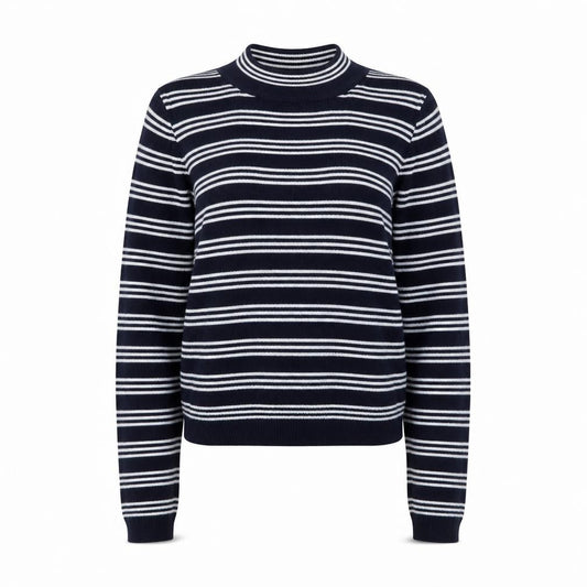 Front view of Primark women’s blue high neck striped polyester jumper, size UK 10