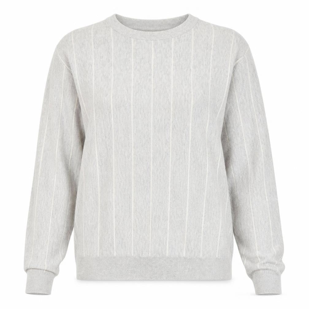 Front view of Next women’s grey striped acrylic pullover sweatshirt, size L, pullover