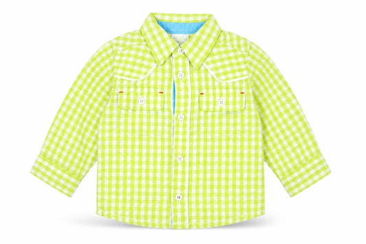 Front view of Miniclub Baby Green Check Cotton Basic Button-Up, size 12-18, Months Collared Button