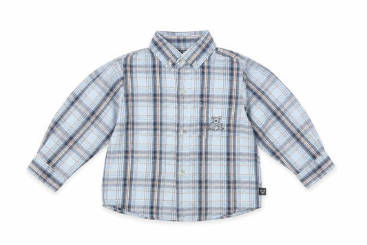 Front view of Peanuts Baby Baby Blue Plaid Cotton Basic Button-Up, size 12, Months Collared Button - Bear