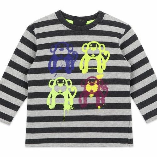 NEXT Baby Grey Striped Cotton Pullover T-Shirt Size 9-12 Months Crew Neck Pullover - Monkeys