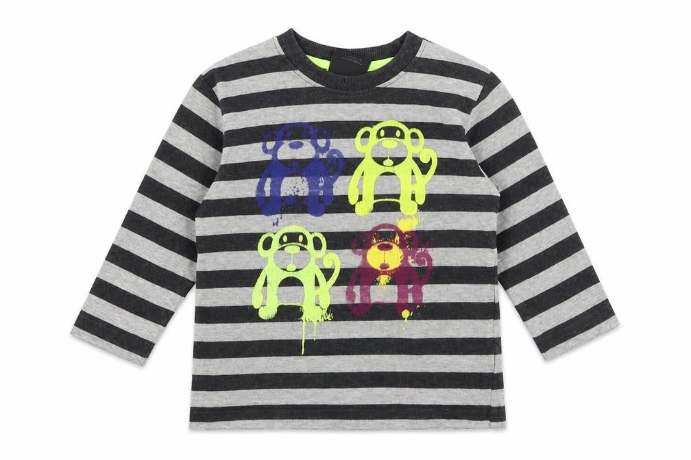 NEXT Baby Grey Striped Cotton Pullover T-Shirt Size 9-12 Months Crew Neck Pullover - Monkeys