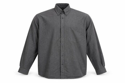 Front view of Recover men’s grey polyester button-up, size L, collared button