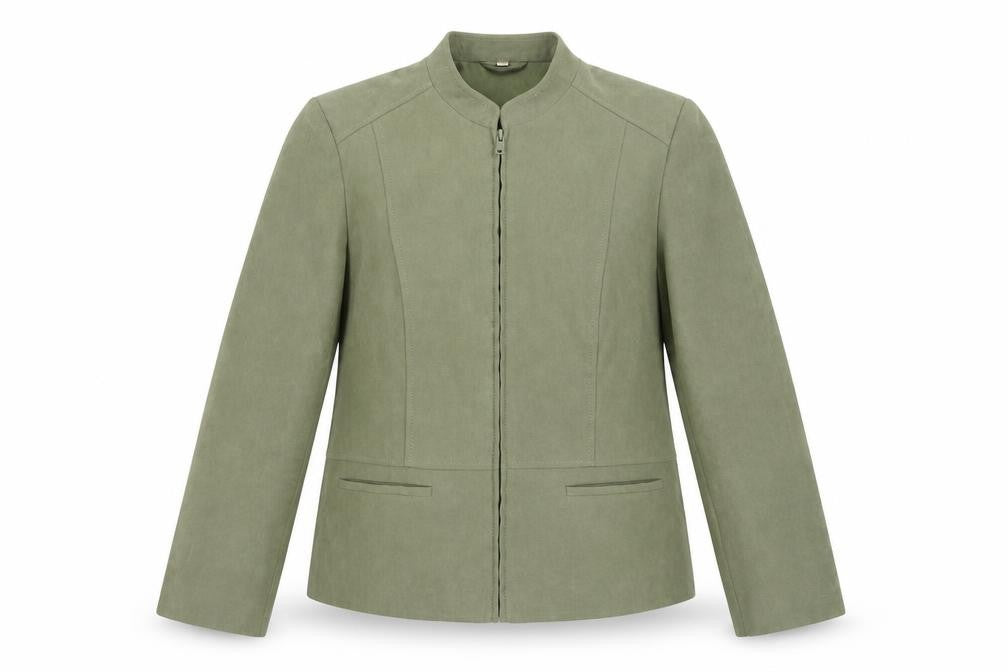 Front view of Preworn women’s green jacket blazer, size UK 14, zip