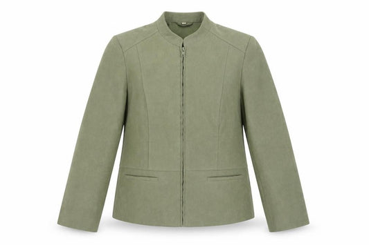 Front view of Preworn women’s green jacket blazer, size UK 14, zip