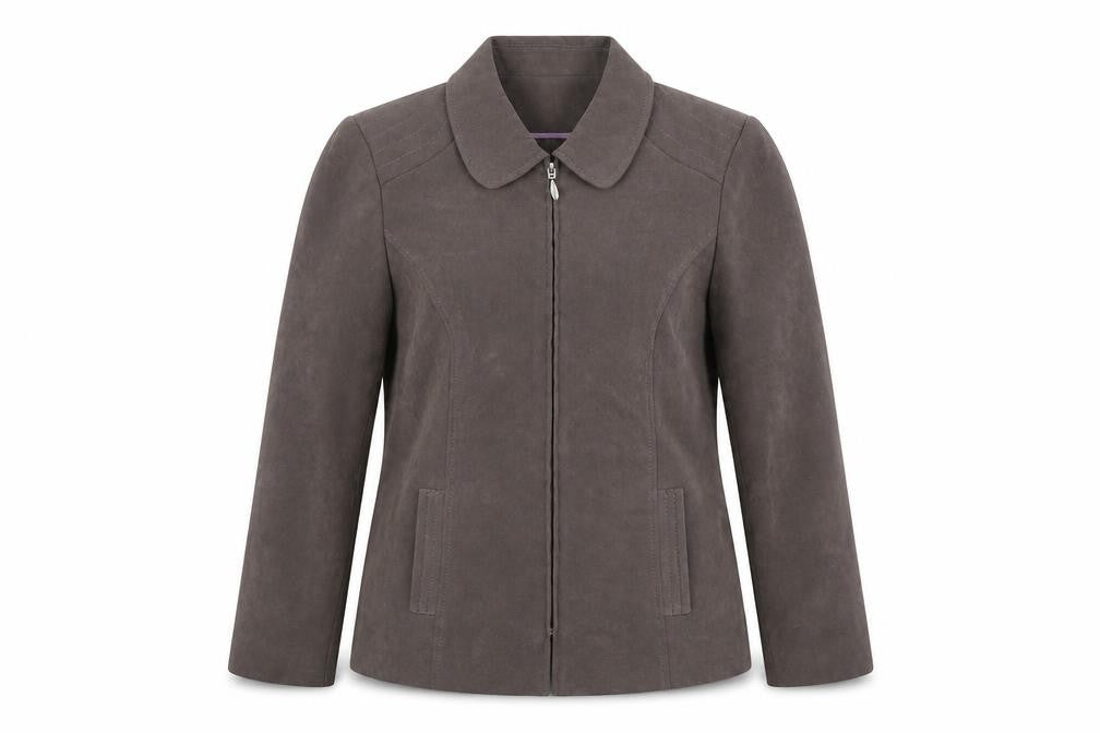 Front view of Bonmarché women’s grey jacket, size UK 14, zip