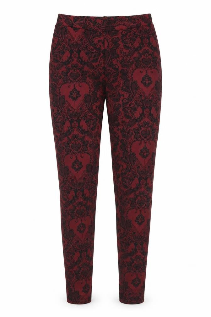 Front view of Warehouse women’s red geometric polyester jogger leggings, size UK 6, 30-inch leg