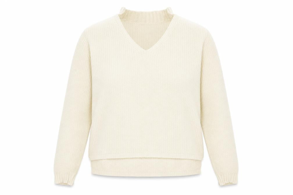 Front view of Be You women’s ivory v-neck acrylic jumper, size UK 8