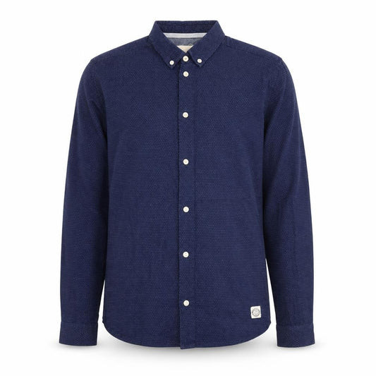 Front view of SUIT men’s blue geometric cotton button-up, size S, collared button
