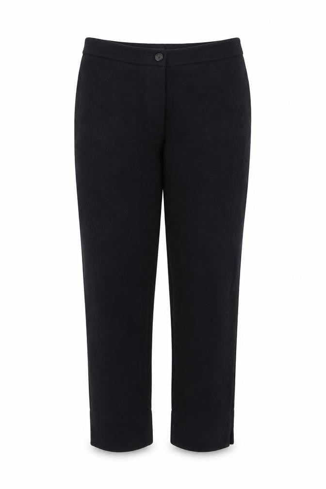 Front view of Yoshi Kondo women’s black polyester trousers, size S, 23-inch leg regular button