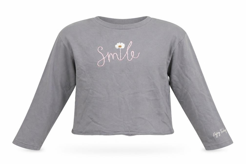 Front view of Primark girls’ grey cotton pullover sweatshirt, size 12, years - smile