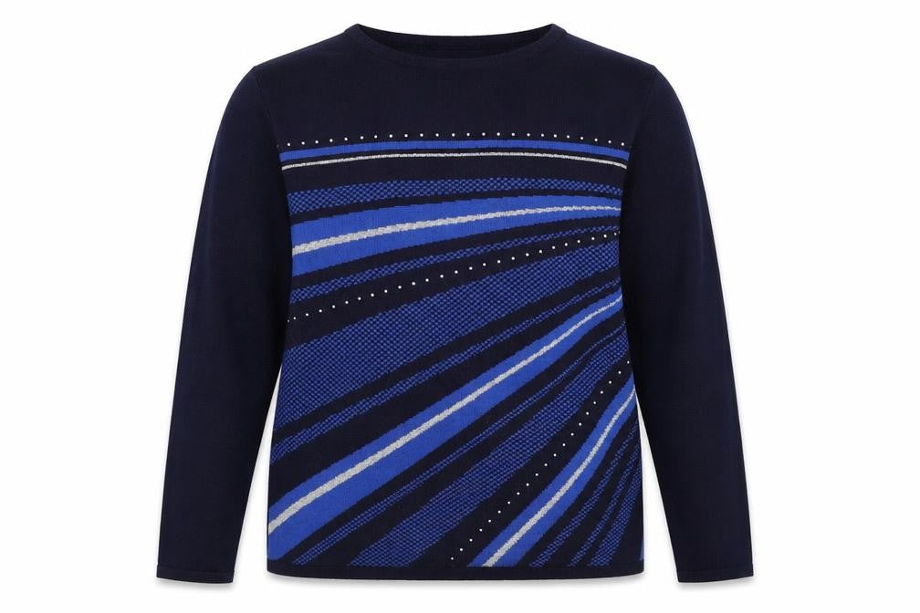 Front view of Casamia women’s black round neck striped acrylic jumper, size S