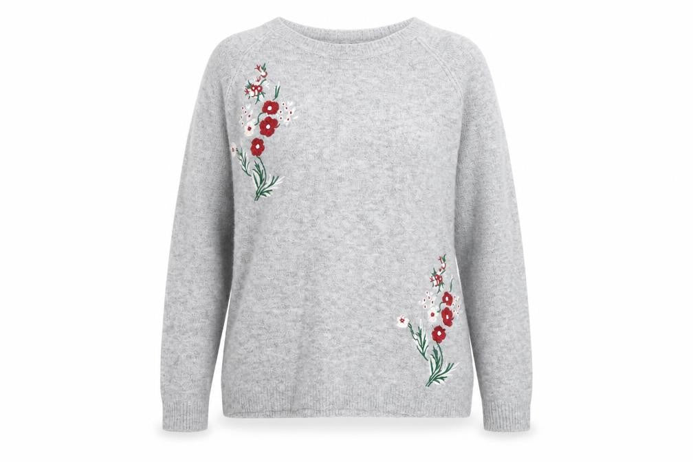 Intuition Womens Grey Round Neck Floral Acrylic Pullover Jumper Size 10 - Flowers