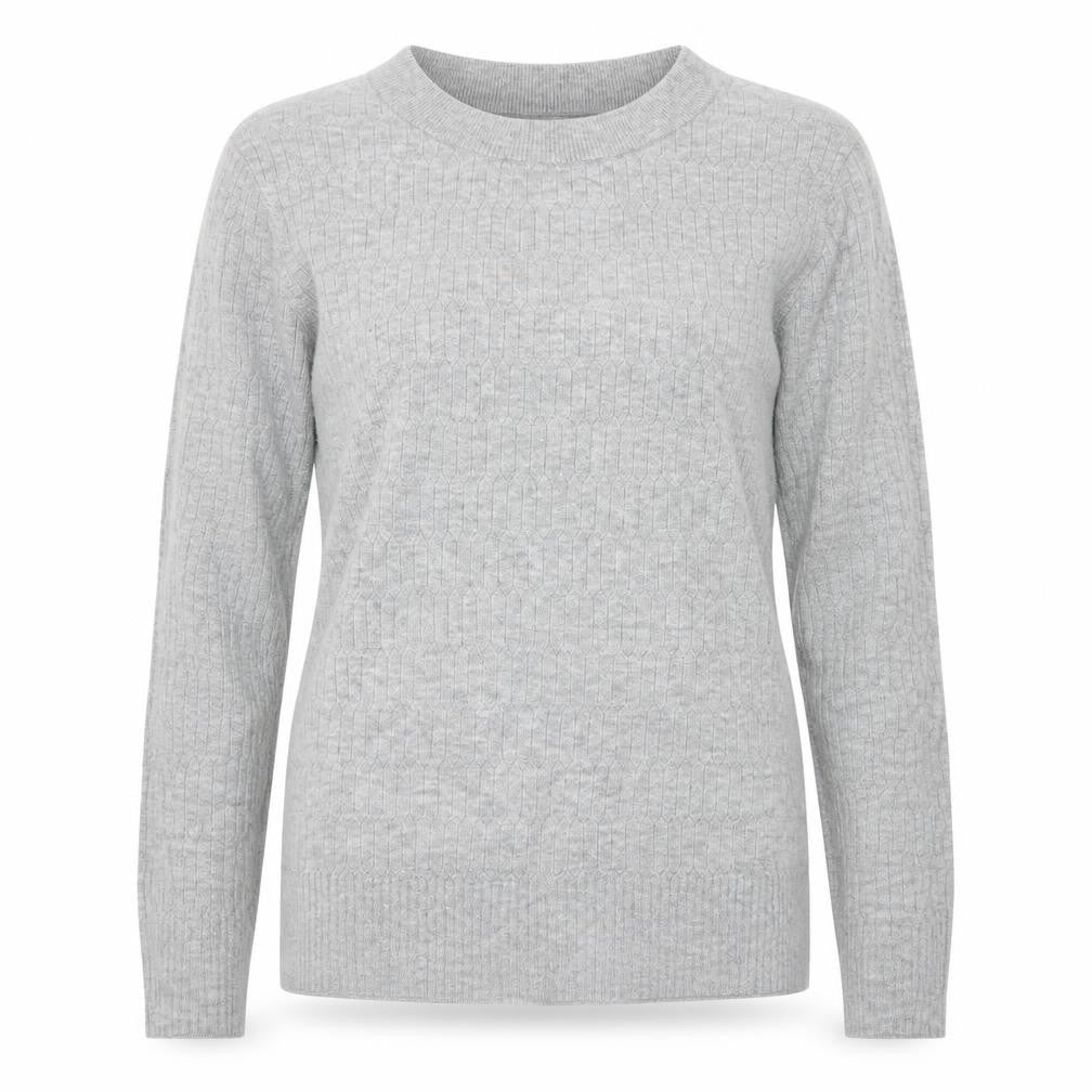 Front view of Marks & Spencer women’s grey round neck viscose jumper, size UK 12