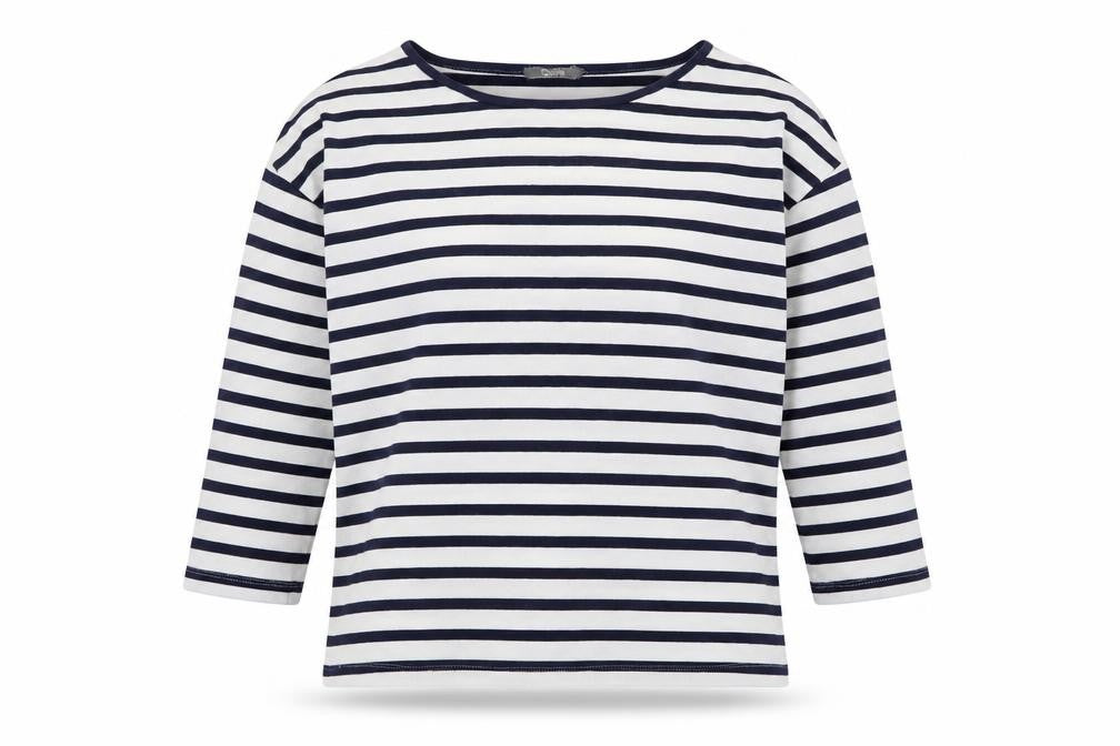 Front view of South women’s blue striped polyester basic t-shirt, size UK 10, round neck