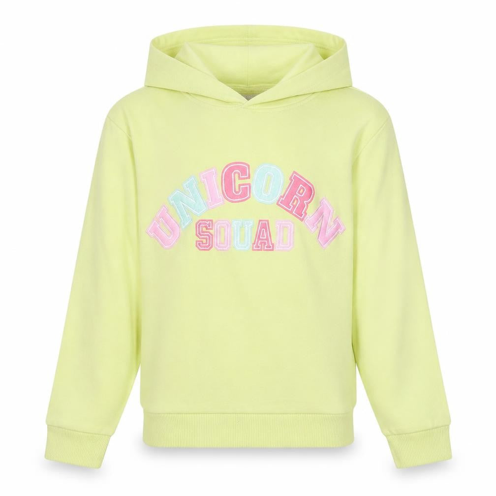 Front view of Matalan girls’ yellow cotton pullover hoodie, size 9, years pullover - unicorn squad