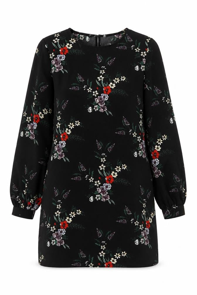 Front view of H&M women’s black floral polyester shift, size UK 10, round neck button