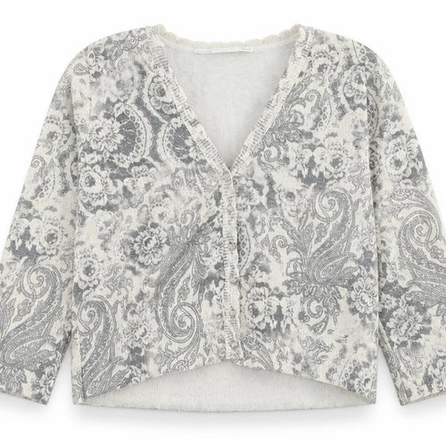 AMARANTO Womens Grey V-Neck Paisley Polyester Cardigan Jumper Size 16