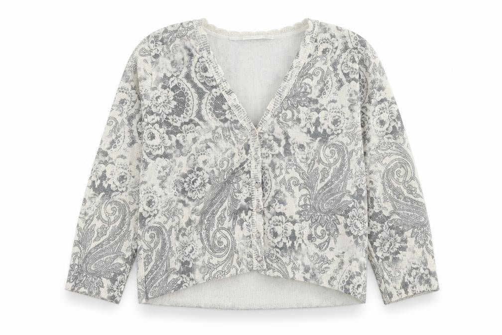 AMARANTO Womens Grey V-Neck Paisley Polyester Cardigan Jumper Size 16