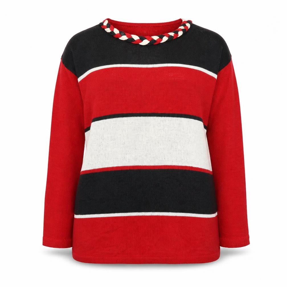 Front view of Natural In-Front women’s red round neck striped acrylic jumper, size L