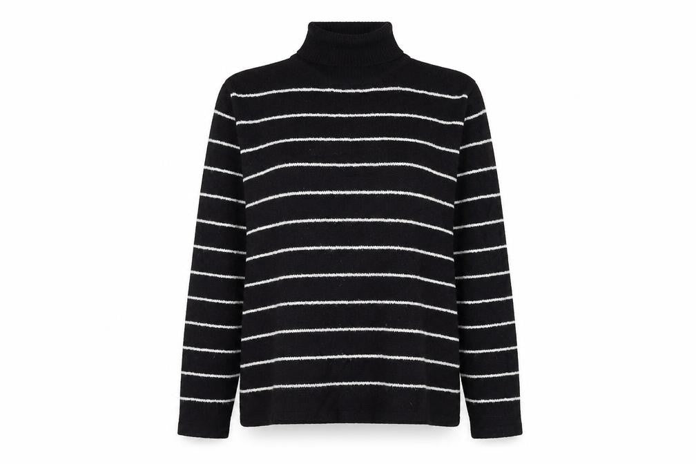 Front view of Alibi women’s black roll neck striped acrylic jumper, size L
