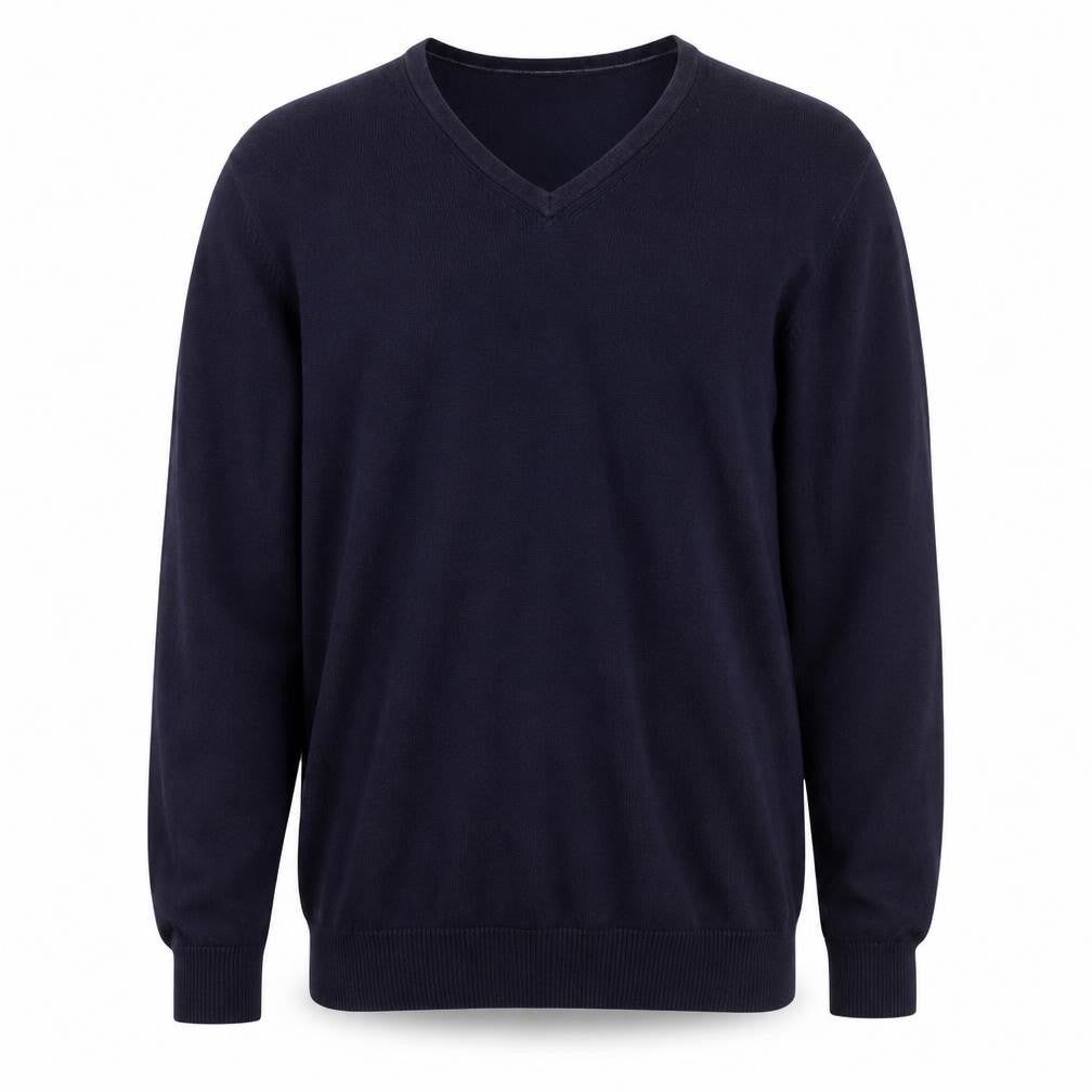 Front view of Burton men’s blue v-neck cotton jumper, size XL
