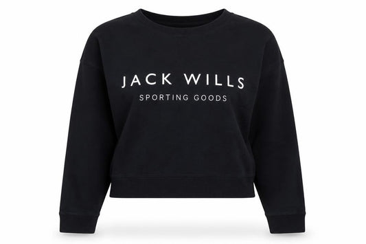 Front view of Jack Wills women’s black polyester pullover sweatshirt, size UK 6, pullover