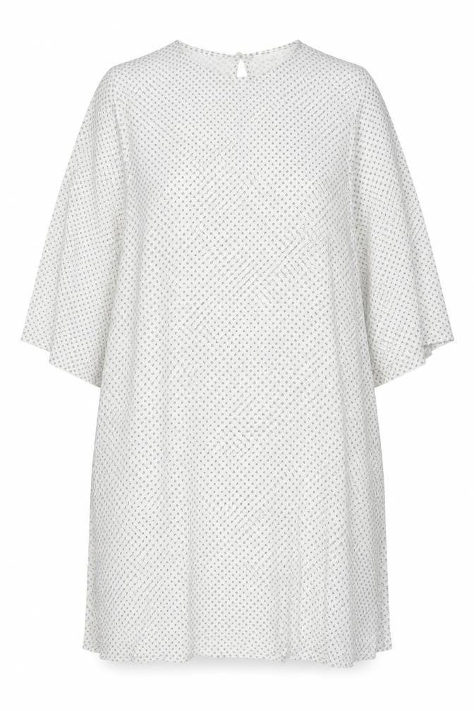 Front view of H&M women’s white polka dot polyester a-line, size M, round neck pullover