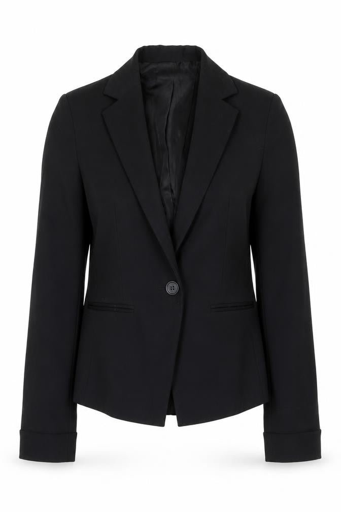 Front view of Atmosphere women’s black polyester jacket suit, size UK 8