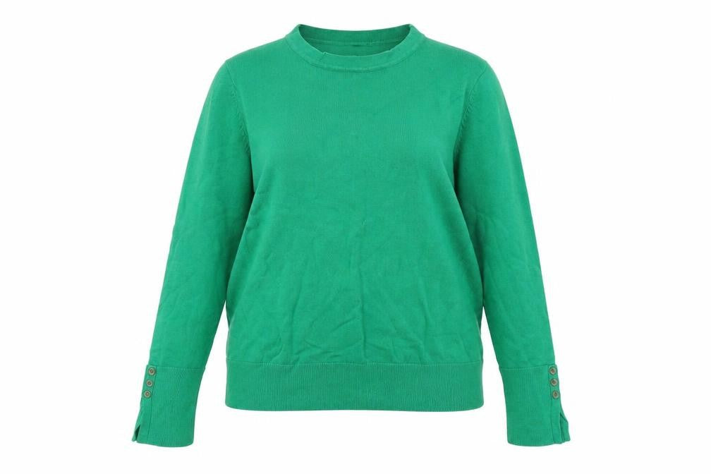 Front view of M&Co women’s green round neck viscose jumper, size UK 14
