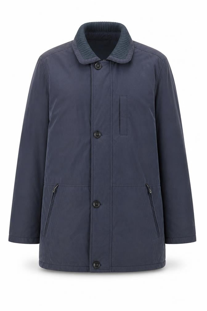 Front view of EWM women’s blue overcoat coat, size L, button