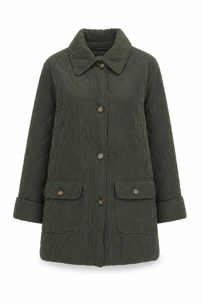 Front view of Preworn women’s green quilted coat, size UK 10, button