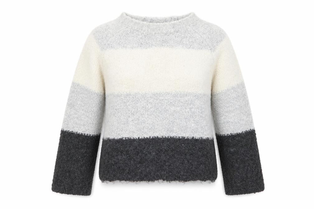 Front view of Primark women’s grey round neck camouflage acrylic jumper, size XS