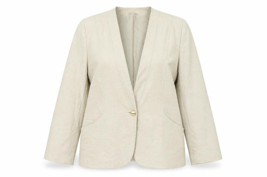 Front view of Essence women’s beige jacket, size UK 18, button