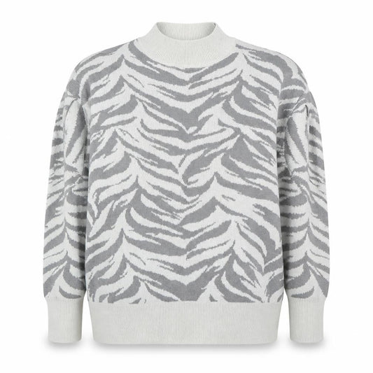 Front view of Principles women’s grey high neck animal print acrylic jumper, size UK 12, - zebra print