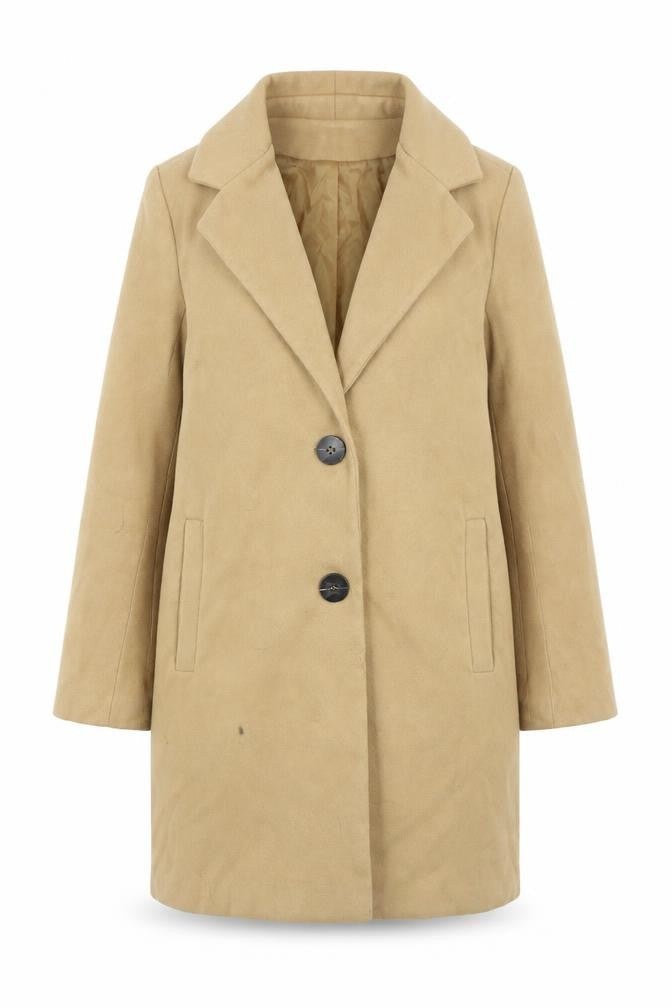 Front view of Boohoo women’s brown overcoat coat, size UK 8, button