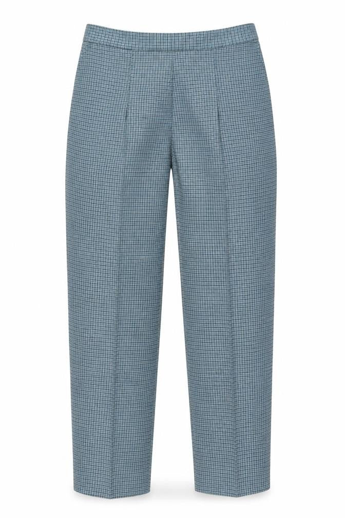 Front view of Marks & Spencer women’s blue check polyester trousers, size UK 30, in, 23-inch leg regular