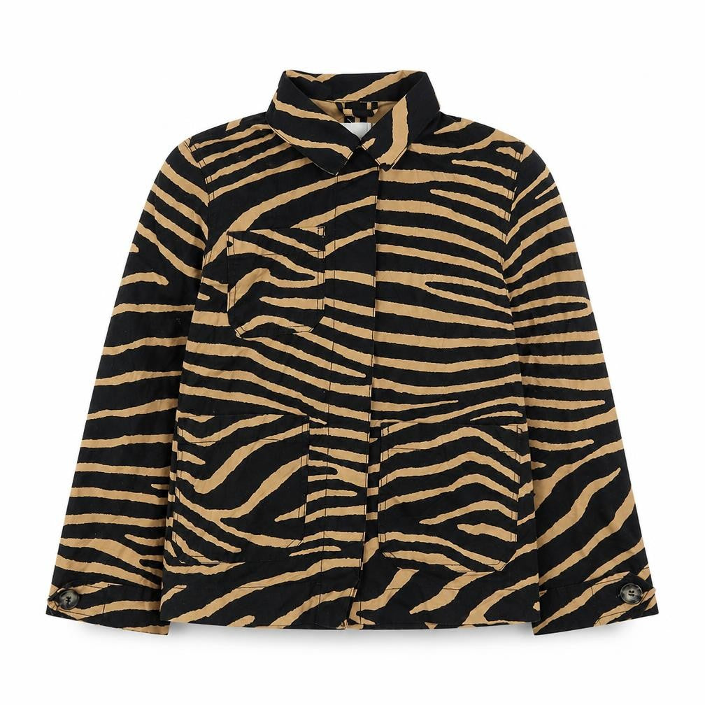 Front view of H&M women’s brown animal print jacket, size UK 8, button