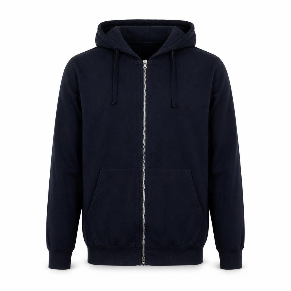 Front view of FMF men’s blue jacket, size L, zip