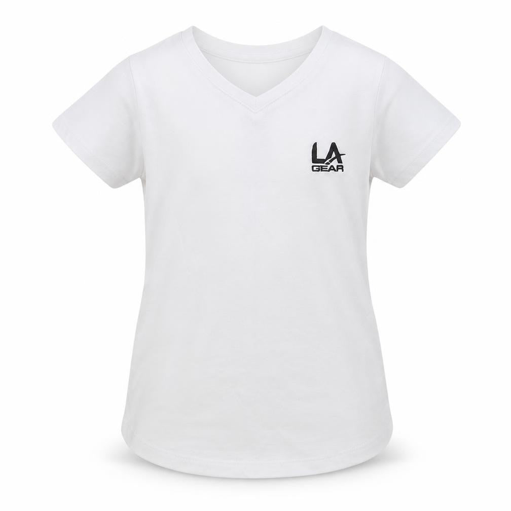 Front view of LA Gear girls’ white polyester basic t-shirt, size 7-8, years v-neck pullover