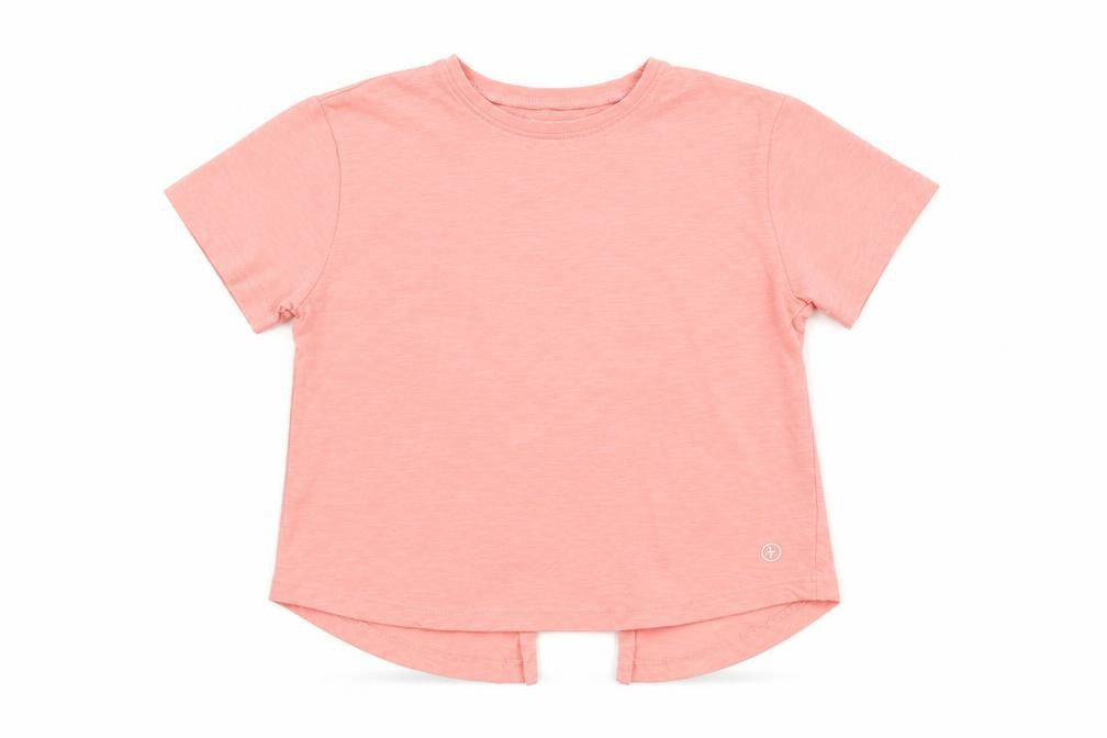 Front view of Leigh Tucker Willow girls’ pink cotton pullover t-shirt, size 8-9, years crew neck pullover