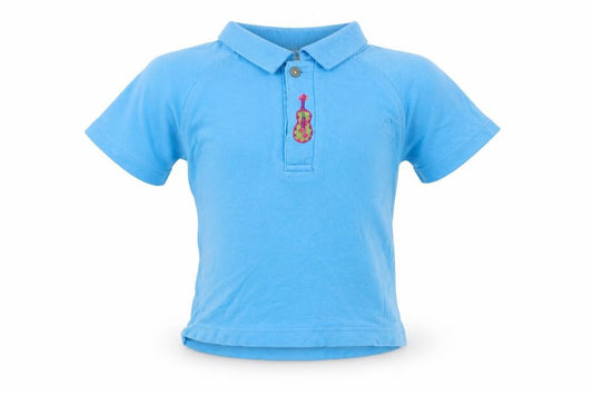 Front view of Next boys’ blue cotton basic polo, size 2, years collared button - guitar