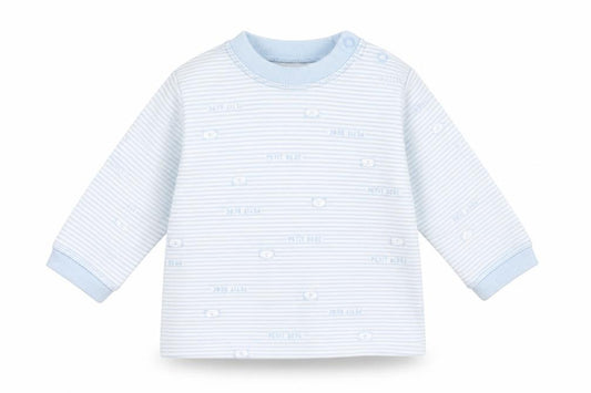 Front view of Marks & Spencer Baby Blue Striped Cotton Basic T-Shirt, size 3-6, Months Crew Neck Snap - Bear Print